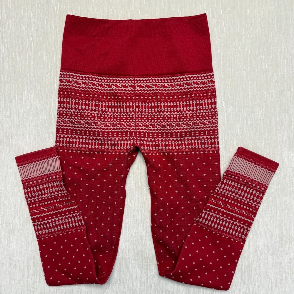Fabletics Seamless Leggings Womens Small Red Fair Isle High Waisted Holiday Bold